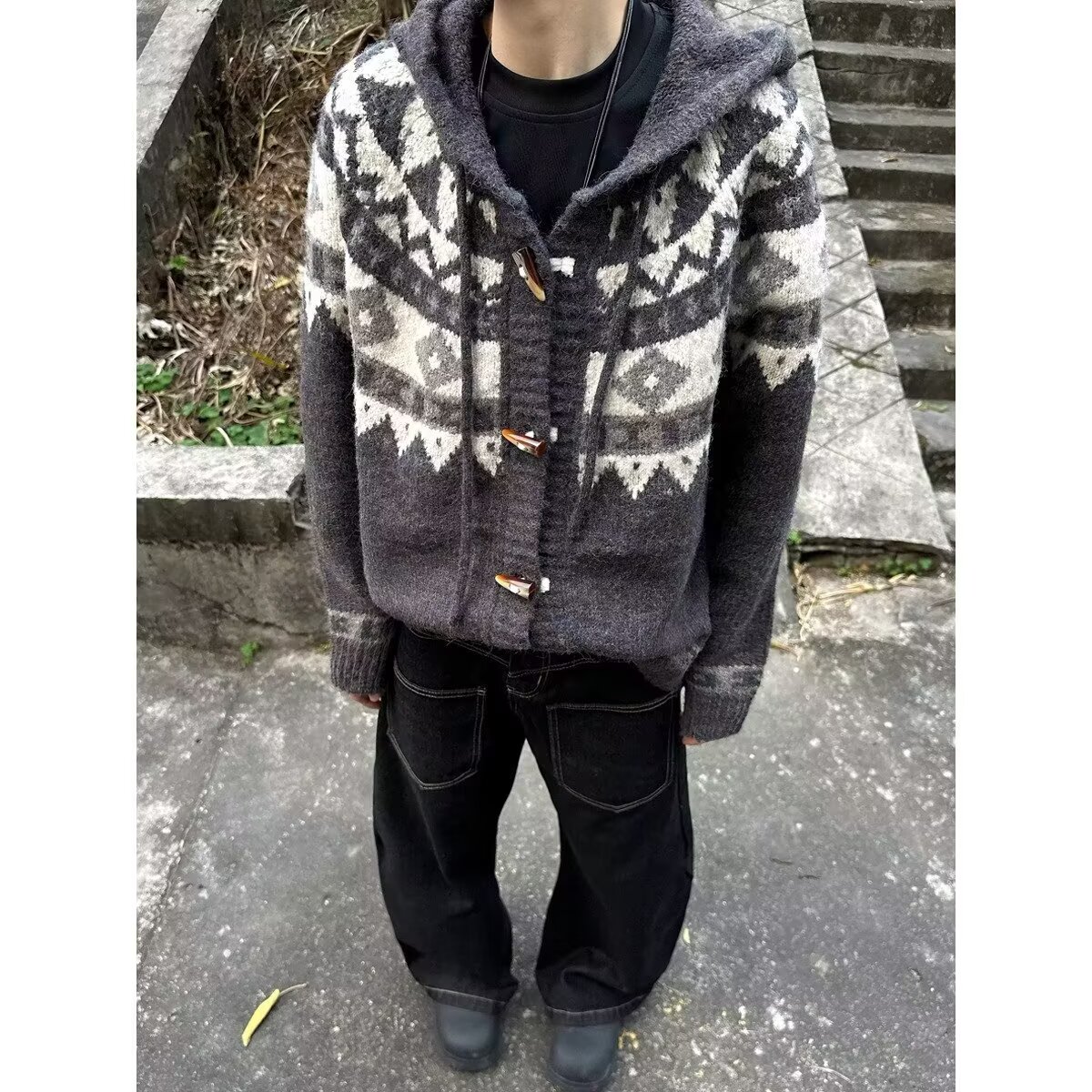 网图美式牛角扣开衫毛衣男情侣松弛针织衫外套潮X062-特P60，男装针织衫/毛衣，星座1007（原301D）