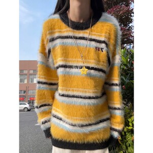 网图黄色条纹毛衣男冬季圆领套头针织衫美式毛线衣YM5965-特P55