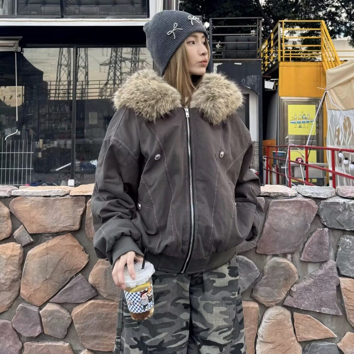 网图座山雕棉服外套男女冬季毛领连帽情侣加绒棉衣特P95-M829加绒图片