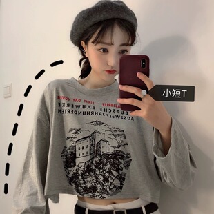 宽松漏肚脐高腰短款T恤女2022秋装新款韩版学生印花长袖上衣女潮