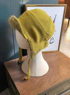 韩国双面戴飞行员帽女士冬季显白绿色护耳帽翻檐保暖毛呢雷锋帽