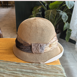 日系玻璃纱蝴蝶结渔夫帽子女夏季防晒和纸针织帽文艺褶皱翘边盆帽