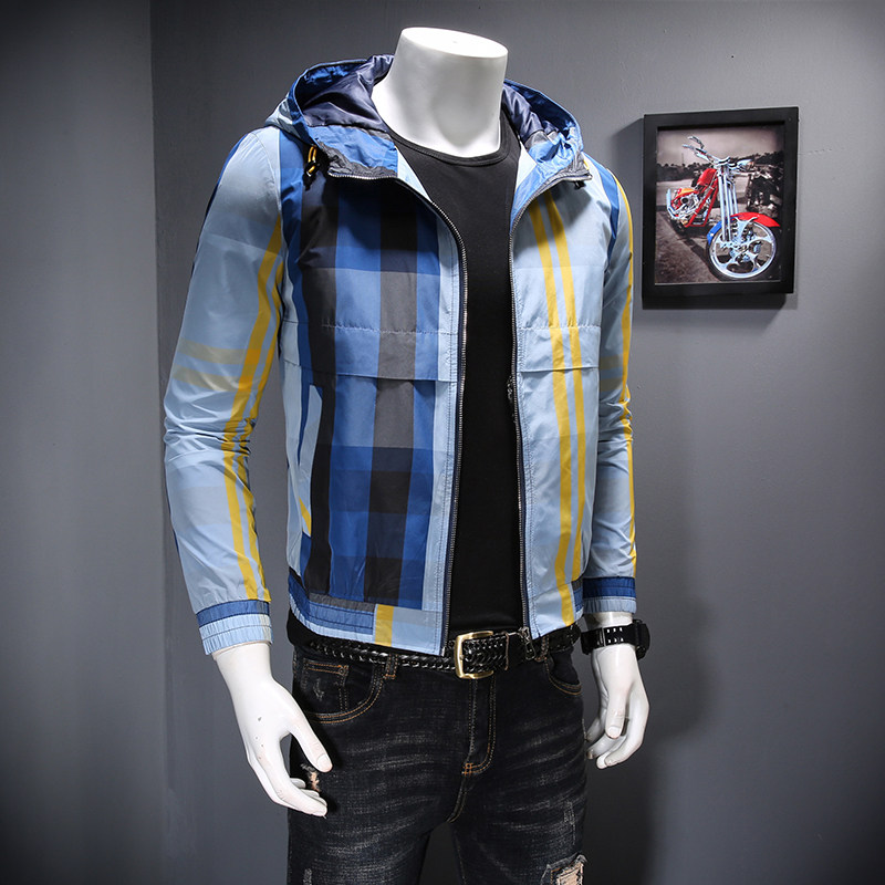 7086春秋季新款潮男休闲连帽格子外套夹克M-5XLP165,男装夹克,钱塘2010-1