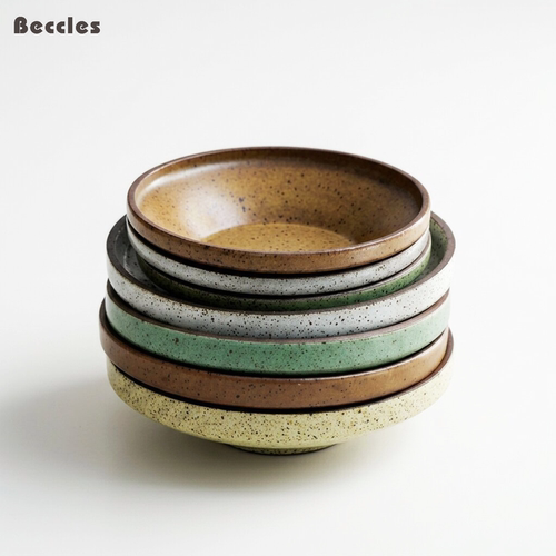 BECCLES 日式复古风粗陶餐具简约做旧食器手工深盘面碗汤盘子圆盘