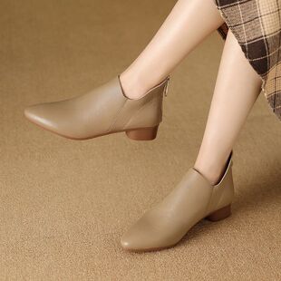 Women thick heel round toe back zipper short boots女拉链短靴