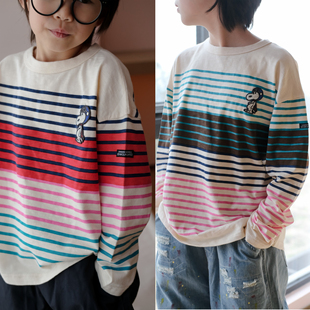 2026春季D日系儿童竹节棉史奴狗刺绣满印彩色条纹圆领长袖T恤潮牌