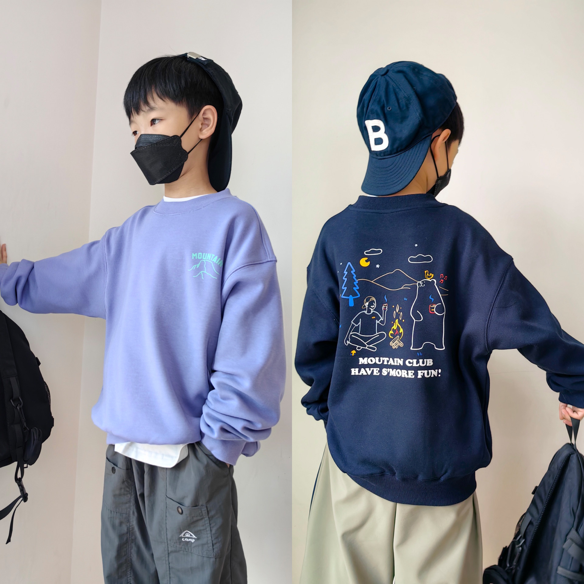 25冬季儿童不倒绒加绒加厚卫衣男童中大童小熊户外插画保暖上衣潮
