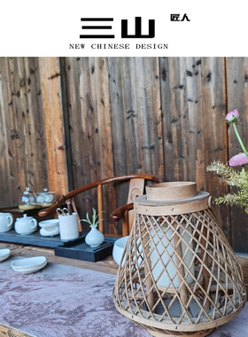 茶室茶桌竹编灯笼摆件氛围布置东方美学灯笼藤编编织风灯落地中