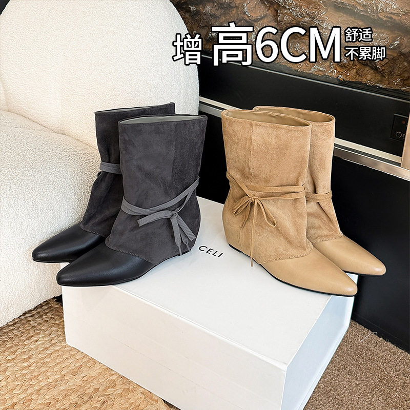 6cm内增高~美式复古尖头短靴女小码百搭绑带拼接褶皱堆堆靴中筒靴