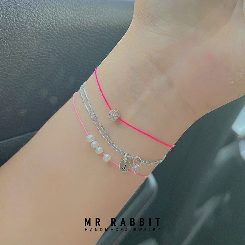 手工定制简约森系极细荧光色可爱手绳925银淡水珍珠手链礼物红绳