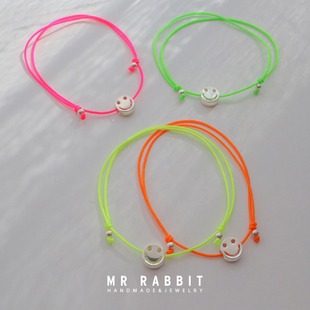 张碧晨同款荧光粉925银笑脸荧光手链女ins小众设计混搭手工定制