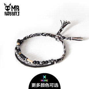 手工编织混色多层叠戴14K包金天然石珠百搭设计感黑白手绳男女绳