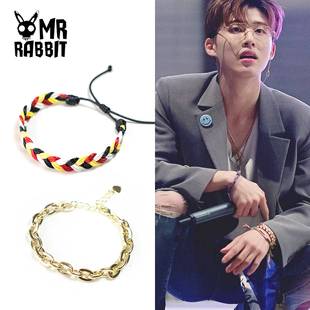兔子先生定制编织韩国iKON金韩彬B.I 金色手链红黑白黄手绳 同款