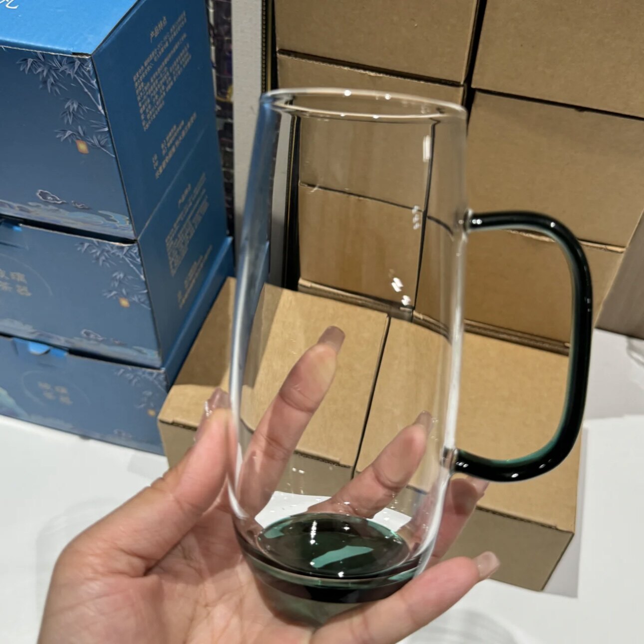 耐高温玻璃水杯带把手绿茶杯猴魁杯透明办公泡茶杯子男女喝水杯