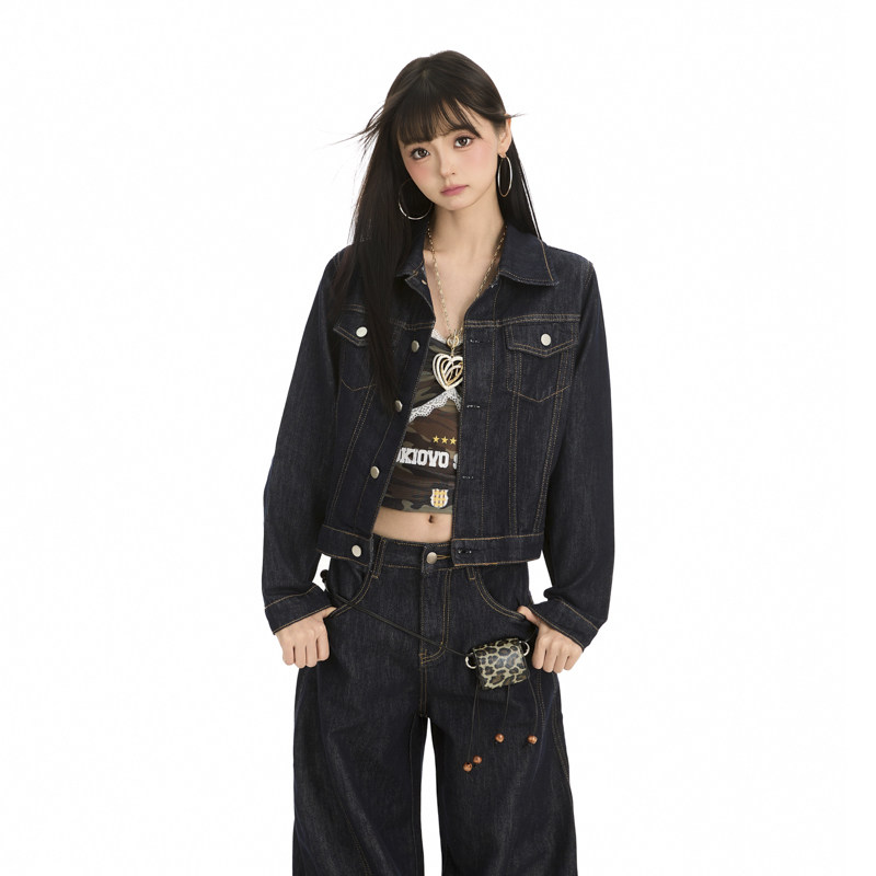 深蓝色翻领牛仔长袖衣女2026秋季