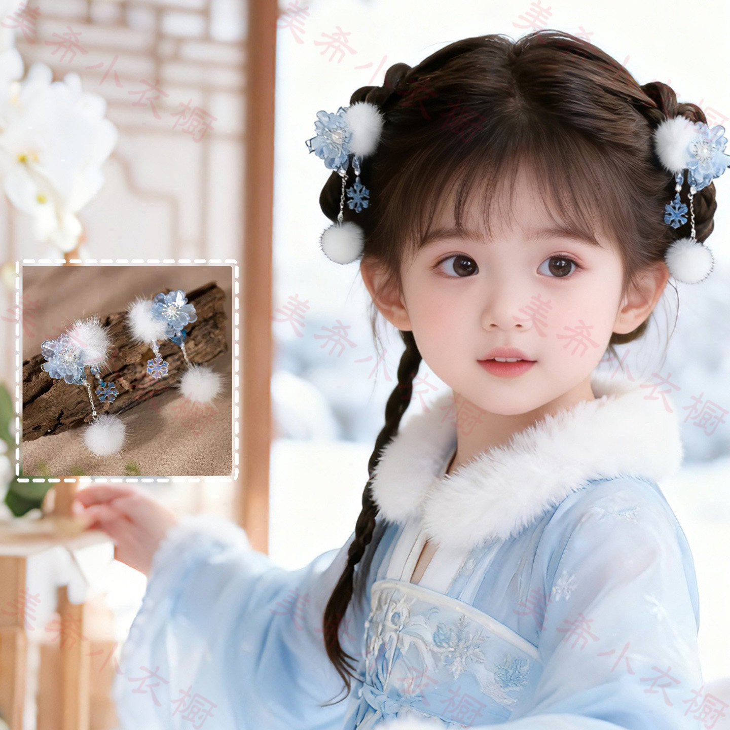 明制汉服头饰儿童古风雪花毛球流苏发夹套装女童发饰中国风配饰,童装/婴儿装/亲子装,发饰,淘宝优惠券,粉丝福利购,淘宝优惠卷