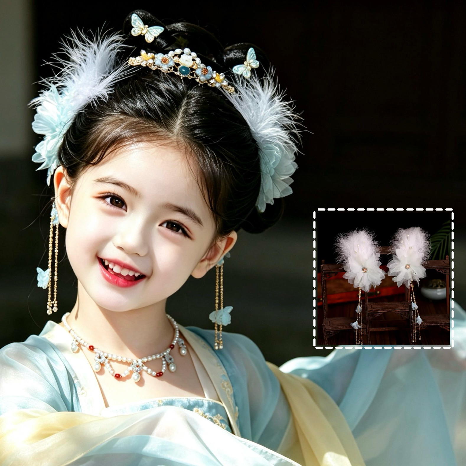 儿童汉服发饰浅蓝羽毛绢花对夹古风仙气流苏步摇女童拍照古装头饰