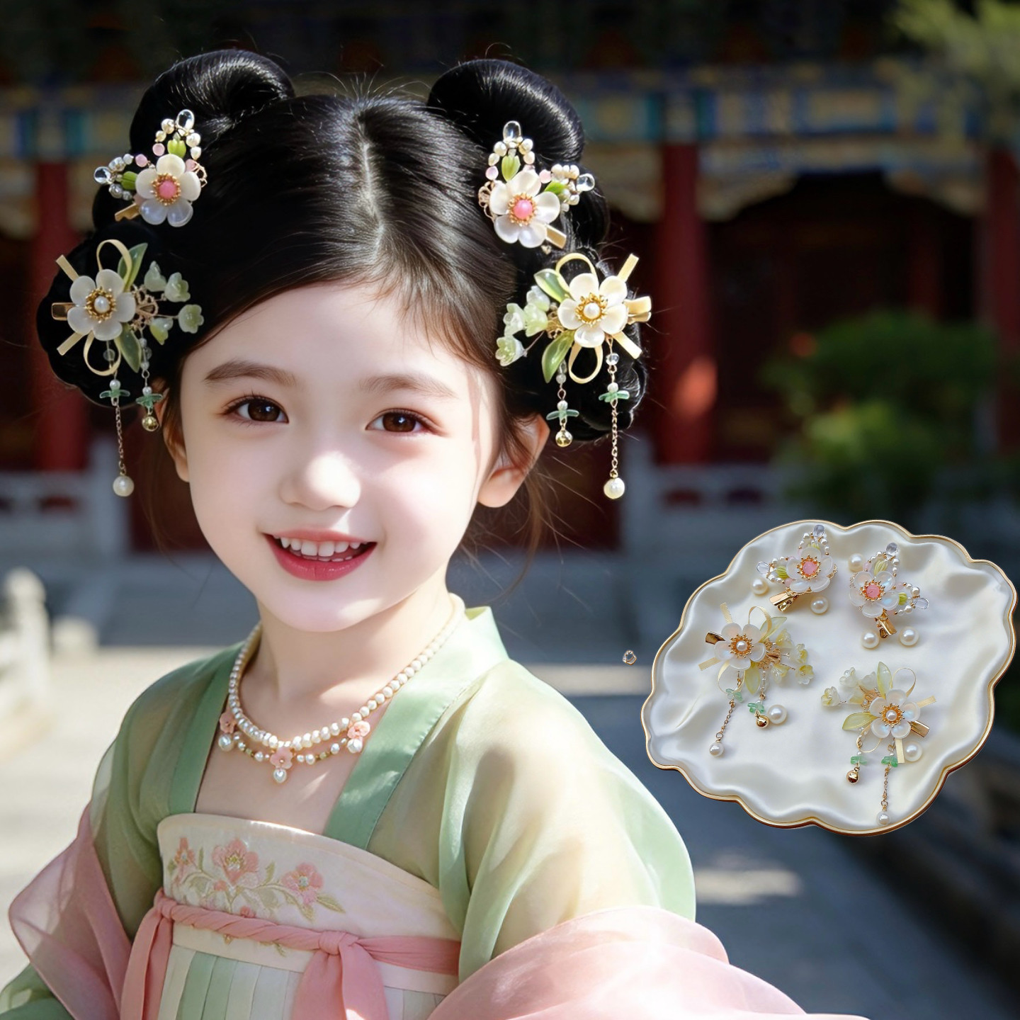 古风汉服发饰水貂毛球发夹兔耳朵国风流苏对夹女童古装发饰套装