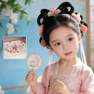 女童古风汉服头饰粉色琉璃花朵小发冠中国风超仙少女发饰顶簪发钗