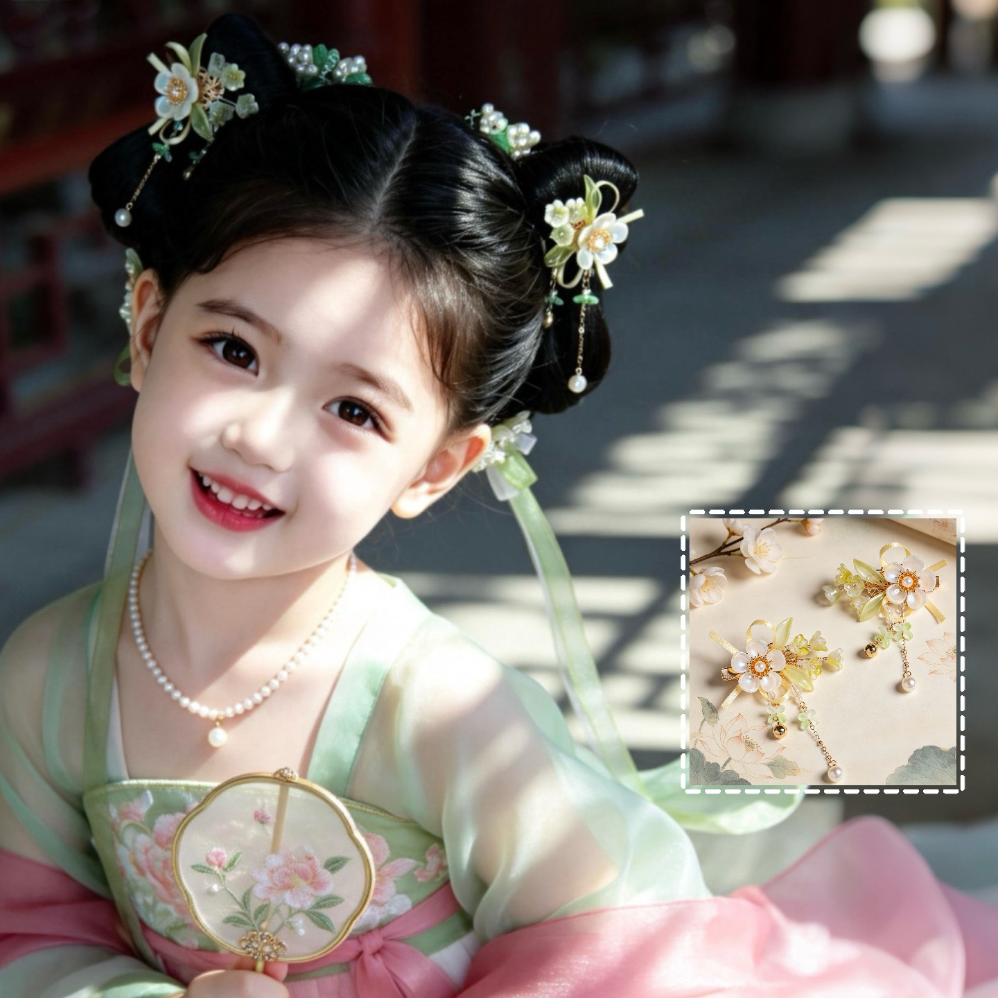 绿色蝴蝶发夹珍珠流苏边夹女童对夹中国风小女孩汉服头饰古风夹