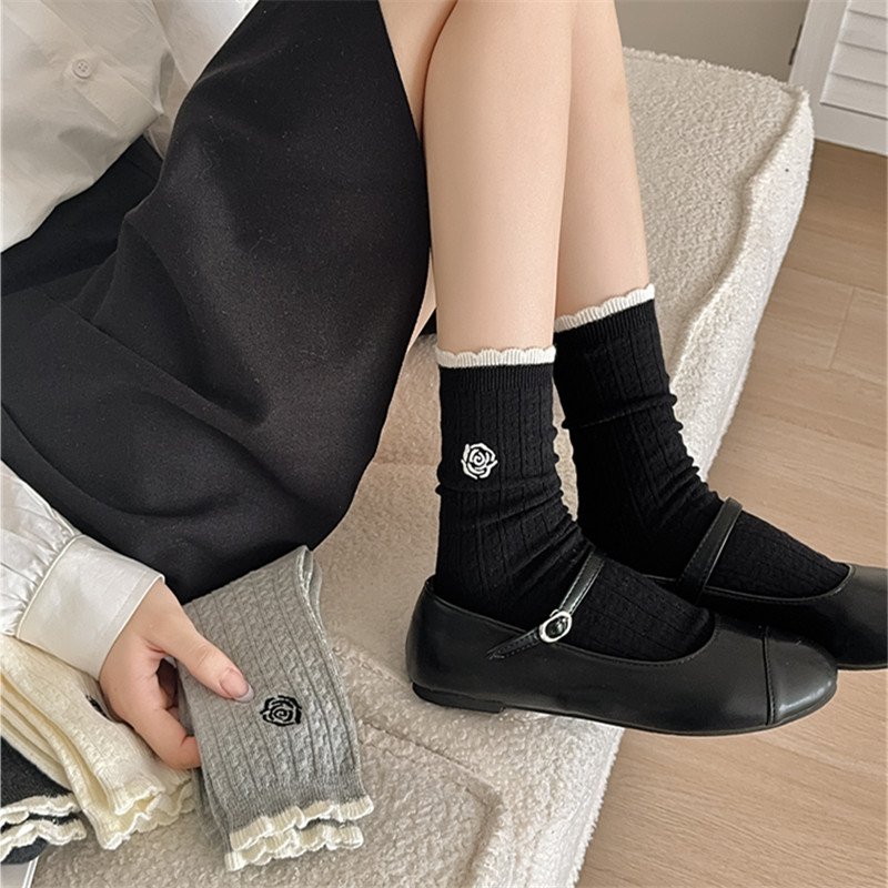 小香风山茶花日系黑白花边无骨中筒袜泡泡口少女jk公主风可爱百搭