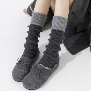 撞色堆堆袜套袜子女秋冬灰色针织木耳边小腿袜配雪地靴腿套夏天