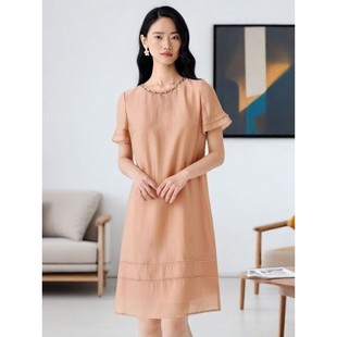 SaugafSaug歌家音女装 中歌连衣裙子 2025夏新品 优雅钉珠圆领喇叭袖