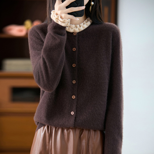 100%纯羊毛开衫女士撞色木耳圆领毛衣外套设计感针织绒衫叠穿外搭