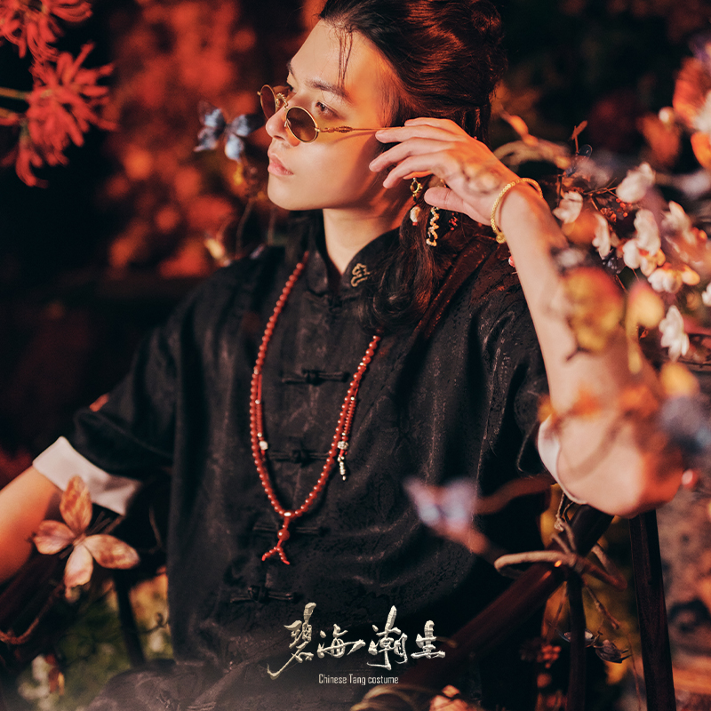 碧海潮生短袖唐装丝绸暗纹新中式