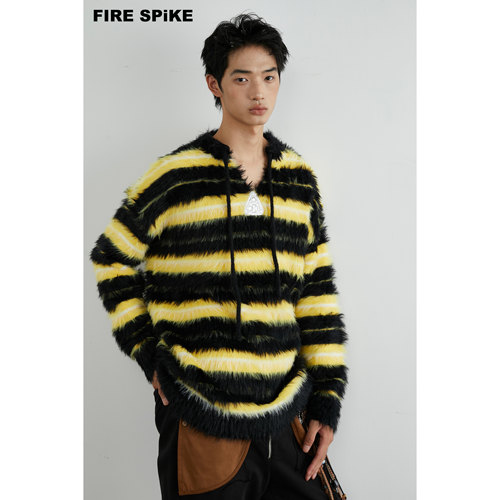 FIRESPIKE火钉原创黄黑条纹开领飘带皮牌仿水貂毛休闲针织毛衣