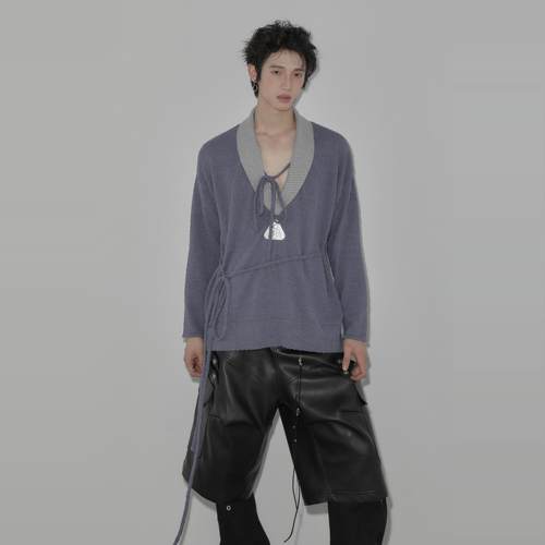 飘带原创拼接休闲针织毛衣翻开领