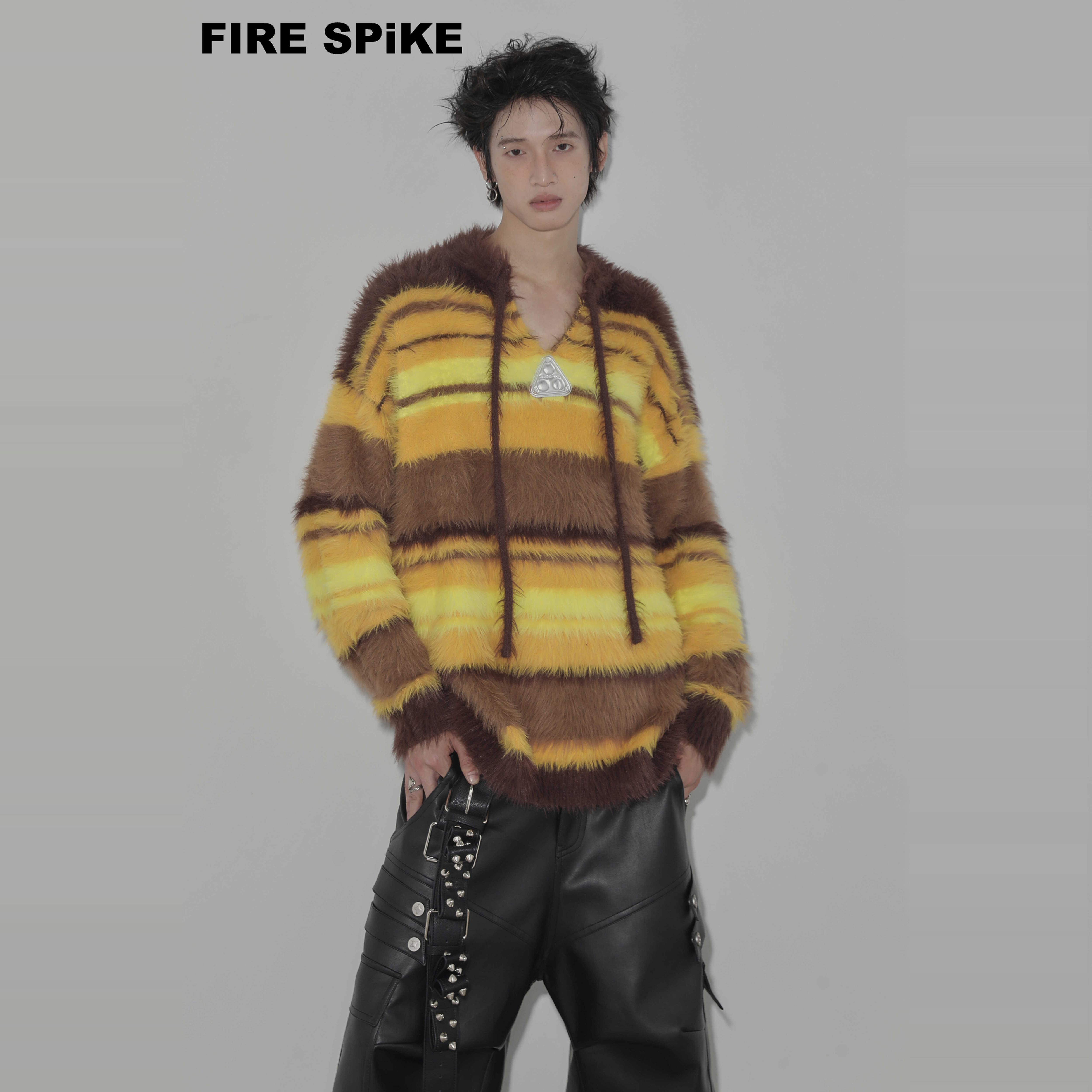 FIRESPIKE火钉原创卡其黄棕色条纹开领飘带毛绒仿水貂毛针织毛衣