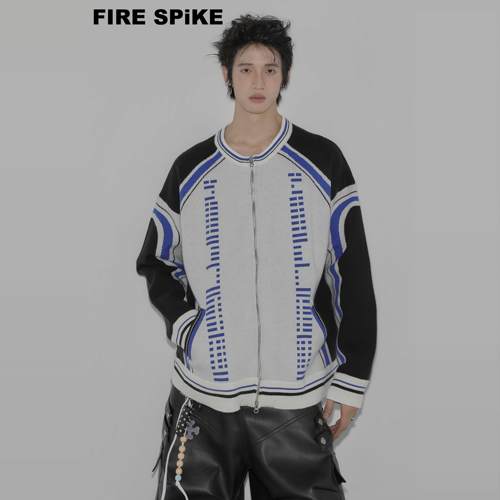 FIRESPIKE火钉原创数字代码机车线条兔绒双头拉链针织开衫毛衣