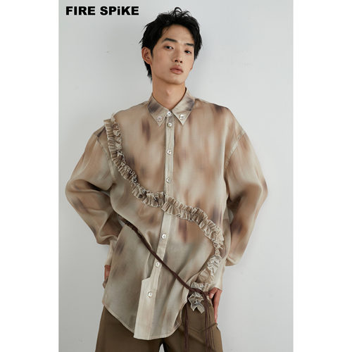 FIRESPIKE火钉“云徊松跃”渐变肌理荷叶边弧度氛围长袖休闲衬衫