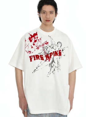 FIRESPIKE火钉24原创天使红色植绒字母变形图案廓形落肩T恤