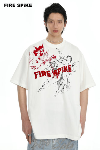 FIRESPIKE火钉24原创天使红色植绒字母变形图案廓形落肩T恤