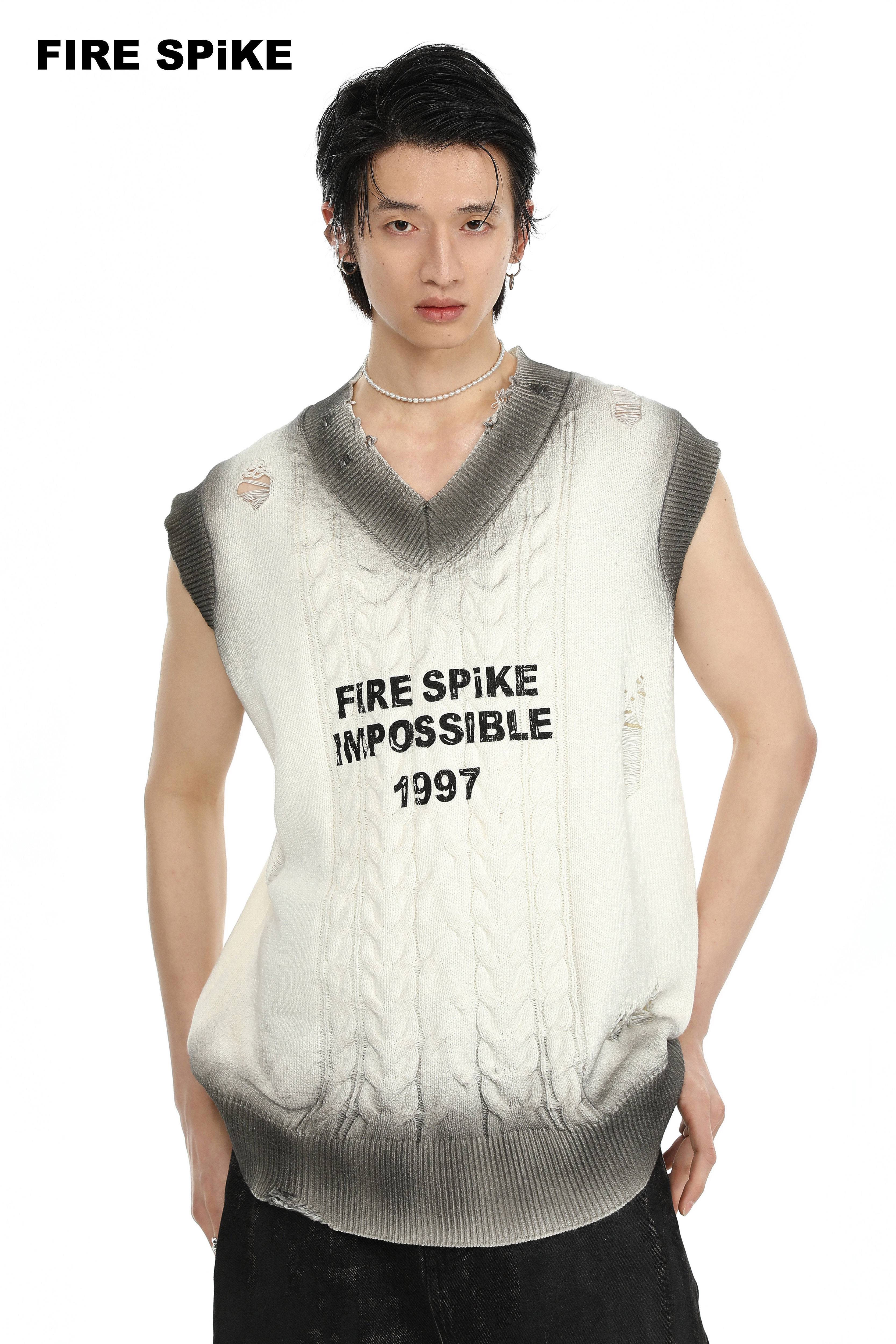 FIRESPIKE火钉24原创提花破洞喷墨印花男女同款V领针织马甲背心