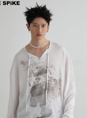 FIRESPIKE火钉“非白”简洁开领玉石长绳绑带印花毛边罩衫长袖T恤