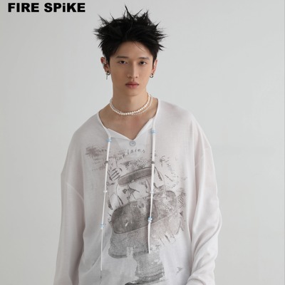 火钉宽松印花V领T恤休闲