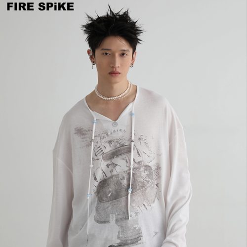 火钉宽松印花V领T恤休闲