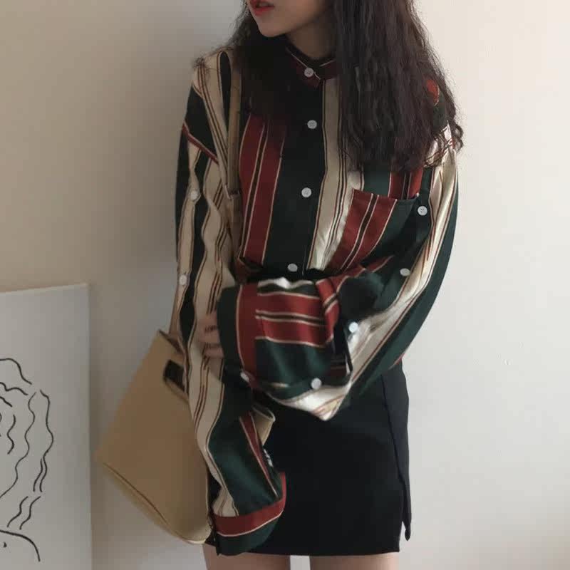 秋装新款个性小立领长袖衬衫复古学生chic风慵懒宽松条纹衬衣上衣在类目 女装/女士精品, 衬衫中 - 来自Buy2taobao.com提供专业的淘宝代购服务