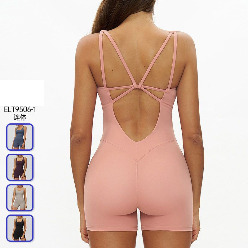 2025磨毛连体衣交叉美背紧身一体式瑜伽运动健身跑步连体衣含胸垫