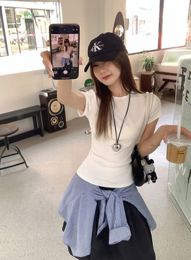 韩系白色收腰短袖t恤女夏季2025年新款圆领修身正肩内搭短款上衣