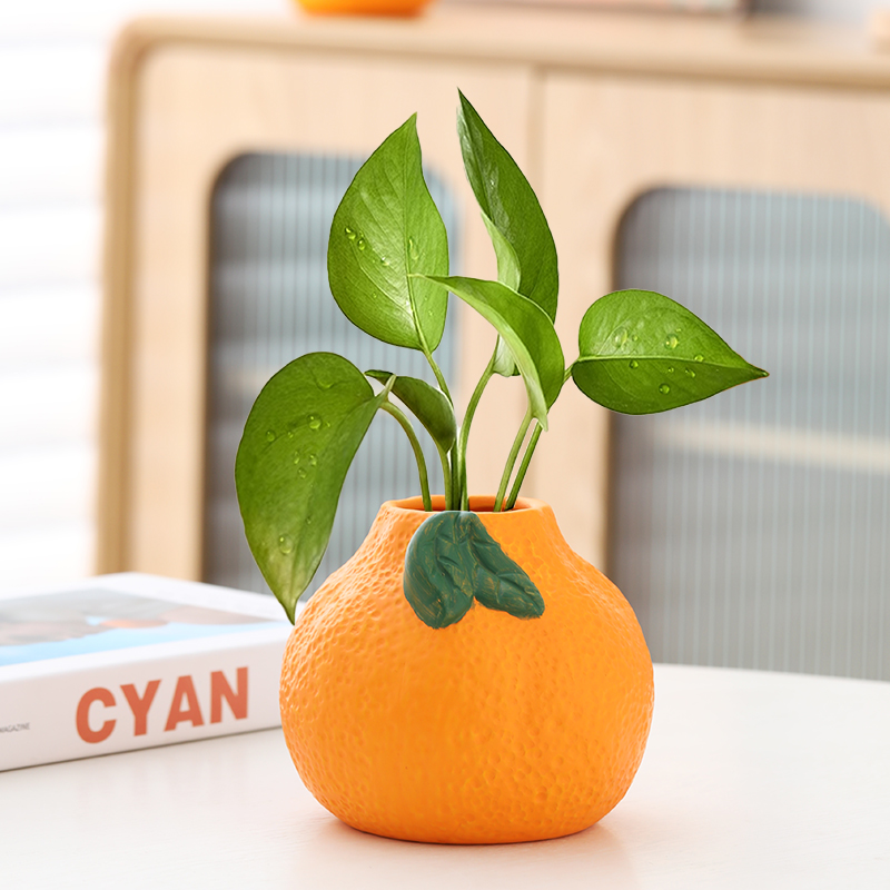橘子陶瓷小花瓶摆件客厅插花水培植物鲜花绿萝铜钱草桌面装饰品