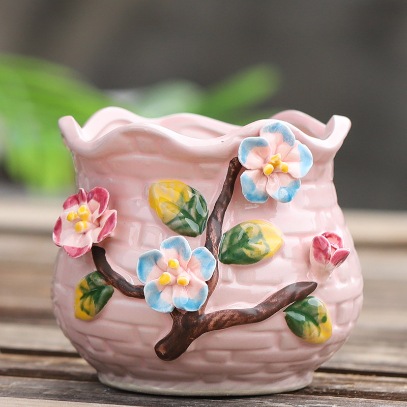 多肉花盆陶瓷粗陶透气肉肉植物创意捏花家用桌面装饰简约小号花盆
