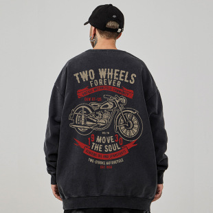 加绒宽松水洗做旧圆领卫衣春秋冬款 重磅复古胖子男装 无帽 美式 大码