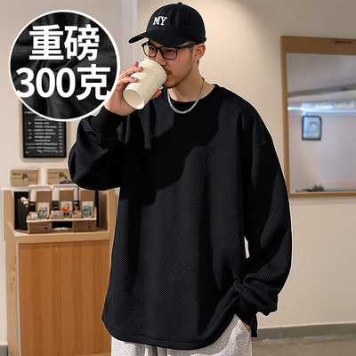 300g重磅美式宽松胖子T恤2025新款长袖极简风加肥加大码男装春季