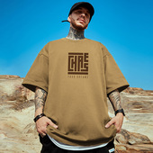 卡其色圆领纯棉简约半袖 300g重磅加肥加大胖子短袖 t恤街头大码 男