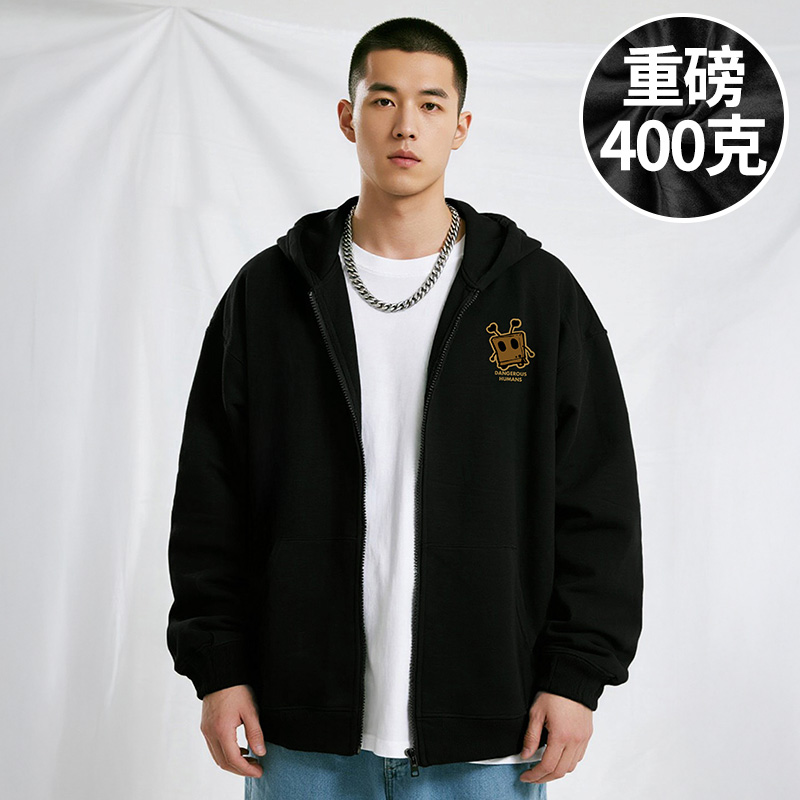 【品牌男装】美式重磅大码男装拉链开衫胖子加绒卫衣秋冬连帽外套