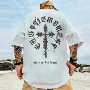 夏季 高街潮牌宽松T恤胖子短袖 半袖 男款 加肥加大五分纯棉国潮大码